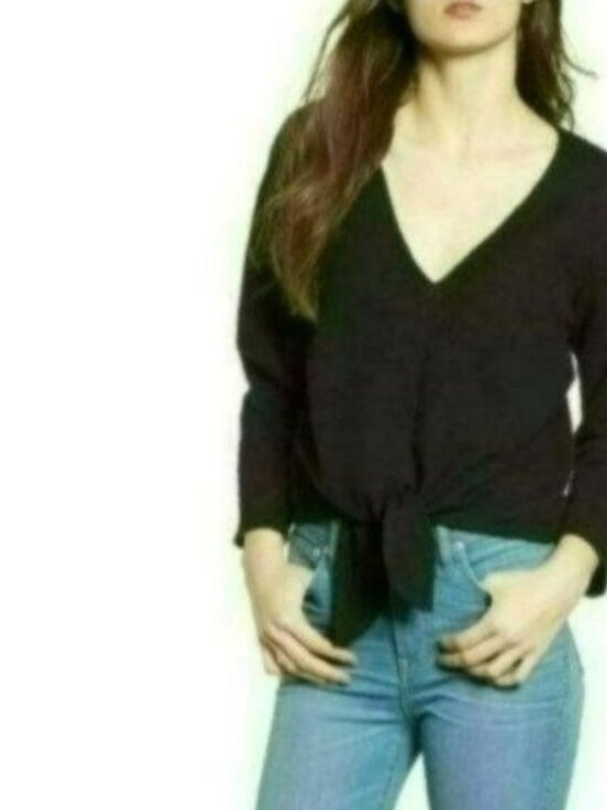 Madewell Women's XS Black Textured V-Neck 3/4 Sleeve Tie Hem Blouse - Picture 1 of 10